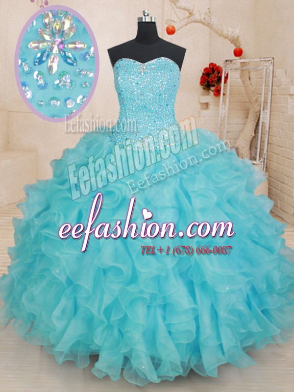  Aqua Blue Sleeveless Organza Lace Up Sweet 16 Dress for Military Ball and Sweet 16 and Quinceanera