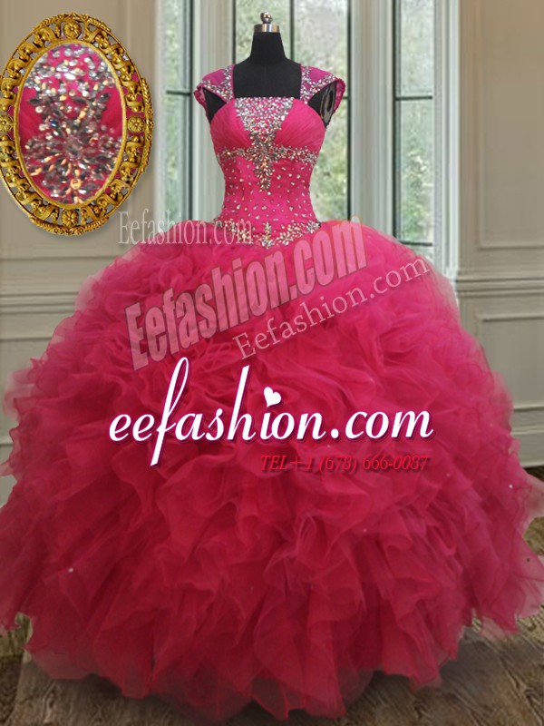 Glamorous Square Cap Sleeves Floor Length Beading and Ruffles Lace Up Sweet 16 Quinceanera Dress with Hot Pink