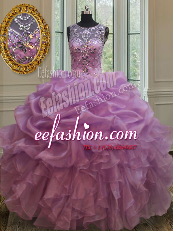 Glorious See Through Lilac Organza Lace Up Scoop Sleeveless Floor Length Quinceanera Gowns Beading and Ruffles