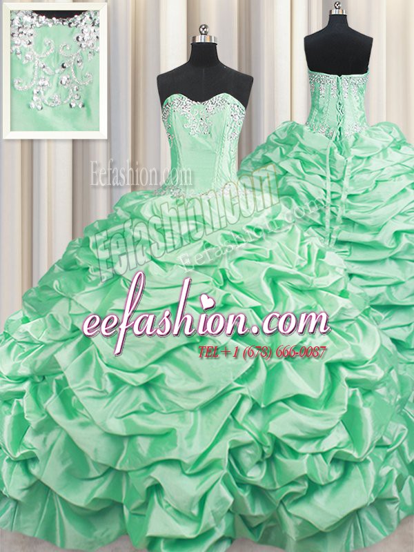  Apple Green Lace Up Sweet 16 Dress Beading and Pick Ups Sleeveless With Brush Train