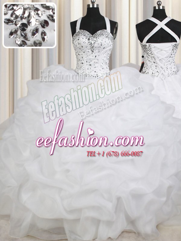 New Style Straps Sleeveless Quinceanera Dresses Floor Length Beading and Pick Ups White Organza