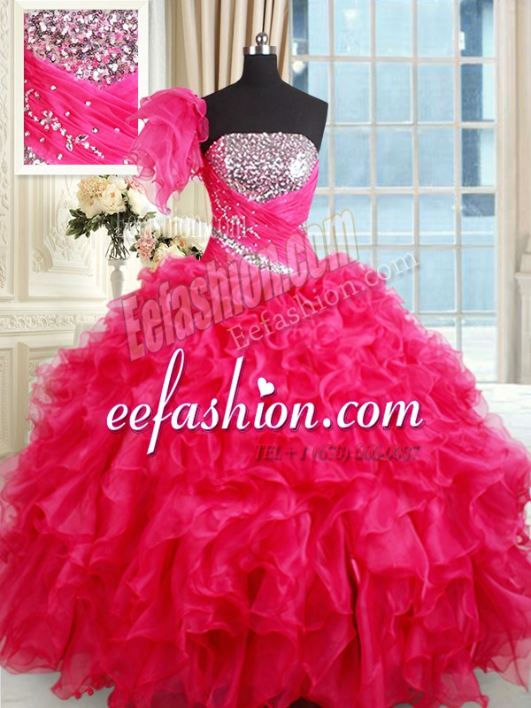  Sleeveless Organza Floor Length Lace Up 15 Quinceanera Dress in Hot Pink with Sequins