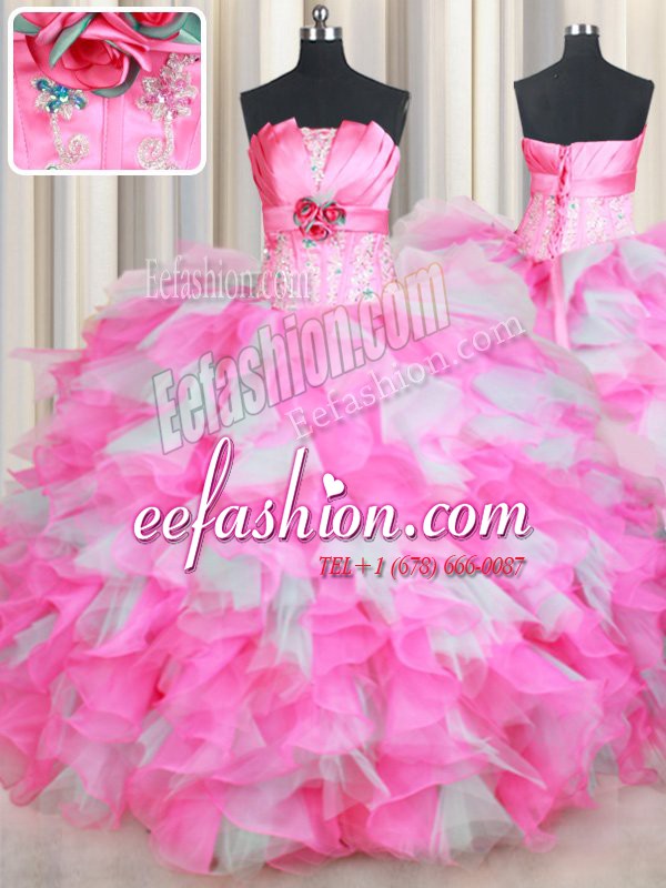 Latest Ball Gowns Quinceanera Gown Pink And White Strapless Organza and Tulle Sleeveless Floor Length Lace Up