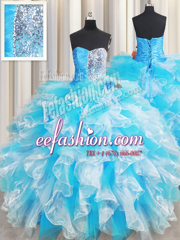 Custom Made Blue And White Ball Gowns Sweetheart Sleeveless Organza Floor Length Lace Up Ruffles and Sequins Sweet 16 Dress