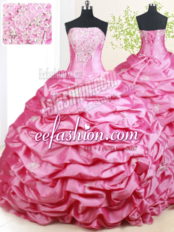 Luxurious Pick Ups Hot Pink Sleeveless Taffeta Brush Train Lace Up Quinceanera Dress for Military Ball and Sweet 16 and Quinceanera