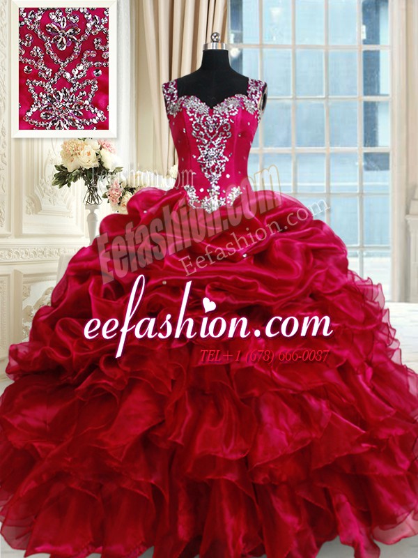 Straps Floor Length Zipper Quinceanera Gown Fuchsia for Military Ball and Sweet 16 and Quinceanera with Ruffled Layers and Pick Ups