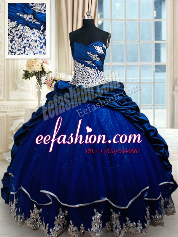  Pick Ups Royal Blue Sleeveless Taffeta Court Train Lace Up Quinceanera Gown for Military Ball and Sweet 16 and Quinceanera