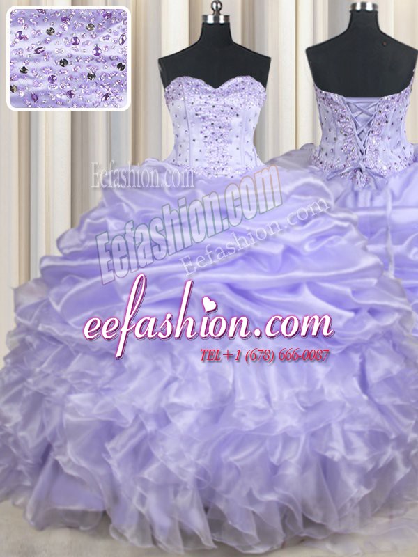 Cheap Lavender Organza Lace Up Quinceanera Gown Sleeveless Floor Length Beading and Ruffles and Pick Ups