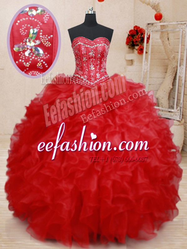  Red Sleeveless Floor Length Beading and Ruffles Lace Up Sweet 16 Dresses
