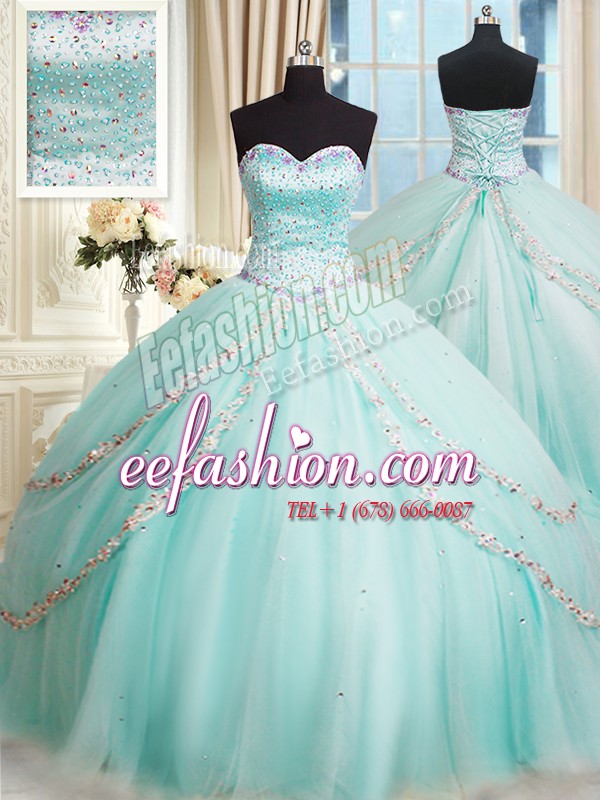 Flirting Apple Green Ball Gowns Beading Vestidos de Quinceanera Lace Up Tulle Sleeveless With Train