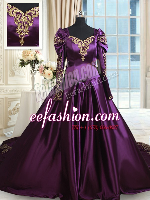  Dark Purple A-line Taffeta Off The Shoulder Long Sleeves Beading and Embroidery With Train Zipper Quinceanera Gown Chapel Train