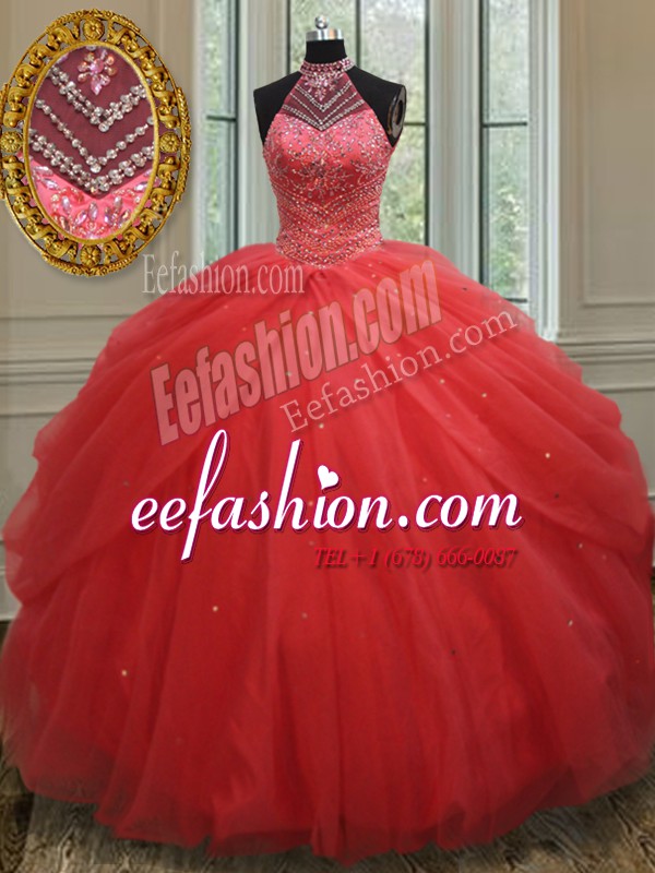  Halter Top Sleeveless Beading and Pick Ups Lace Up Quinceanera Dresses
