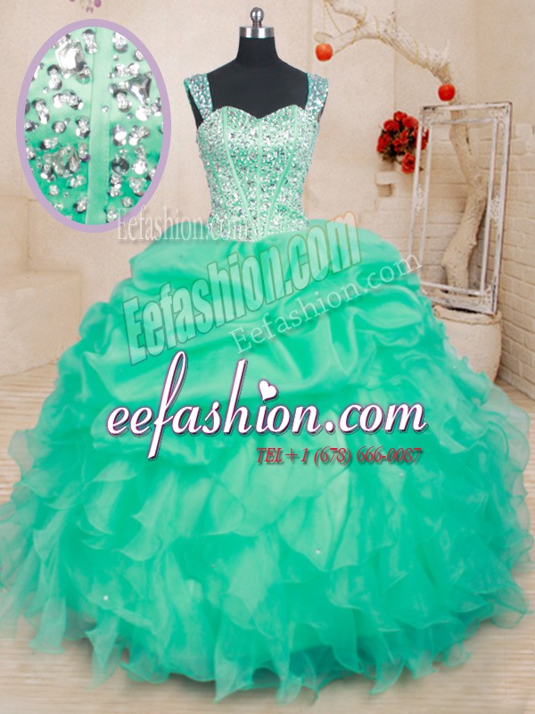 Discount Straps Turquoise Ball Gowns Beading and Ruffles and Pick Ups 15th Birthday Dress Lace Up Organza Sleeveless Floor Length
