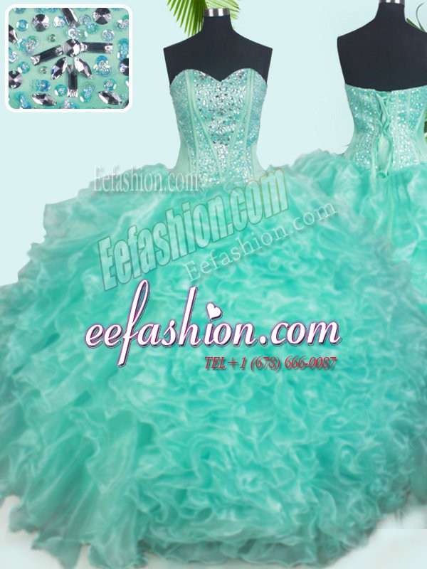 Low Price Turquoise Lace Up Sweetheart Beading and Ruffles Sweet 16 Quinceanera Dress Organza Sleeveless