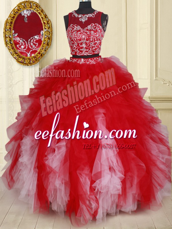 Smart See Through Two Pieces Sweet 16 Quinceanera Dress White and Red Scoop Tulle Sleeveless Floor Length Zipper