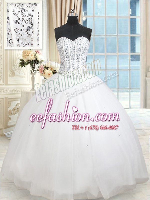 Perfect White Sweetheart Lace Up Beading and Ruffled Layers and Sequins Quinceanera Gown Sleeveless