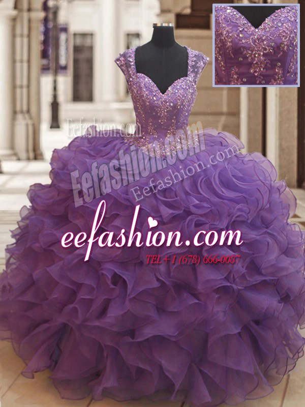  Straps Cap Sleeves Organza Floor Length Zipper Sweet 16 Quinceanera Dress in Eggplant Purple with Beading and Ruffles