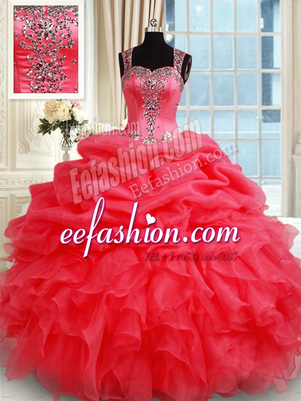  Straps Floor Length Zipper 15th Birthday Dress Coral Red for Military Ball and Sweet 16 and Quinceanera with Beading and Ruffles and Pick Ups