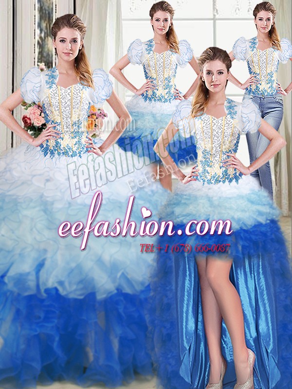  Four Piece Sleeveless Lace Up Floor Length Appliques and Ruffles Quinceanera Dress