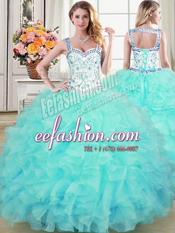  Organza Straps Sleeveless Lace Up Beading and Lace and Ruffles Vestidos de Quinceanera in Aqua Blue
