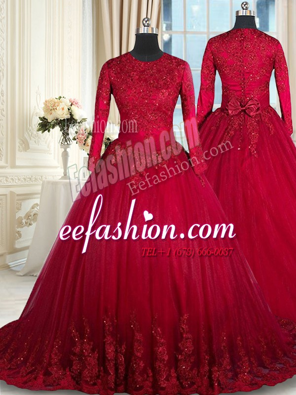  Scoop Long Sleeves Floor Length Clasp Handle Sweet 16 Dresses Wine Red for Military Ball and Sweet 16 and Quinceanera with Beading and Lace and Bowknot