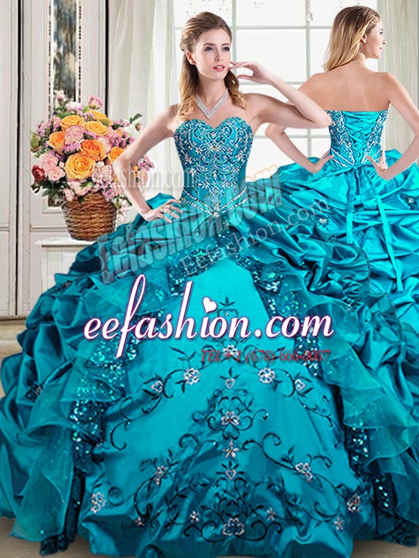 Trendy Teal Sleeveless Floor Length Beading and Embroidery and Pick Ups Lace Up Vestidos de Quinceanera