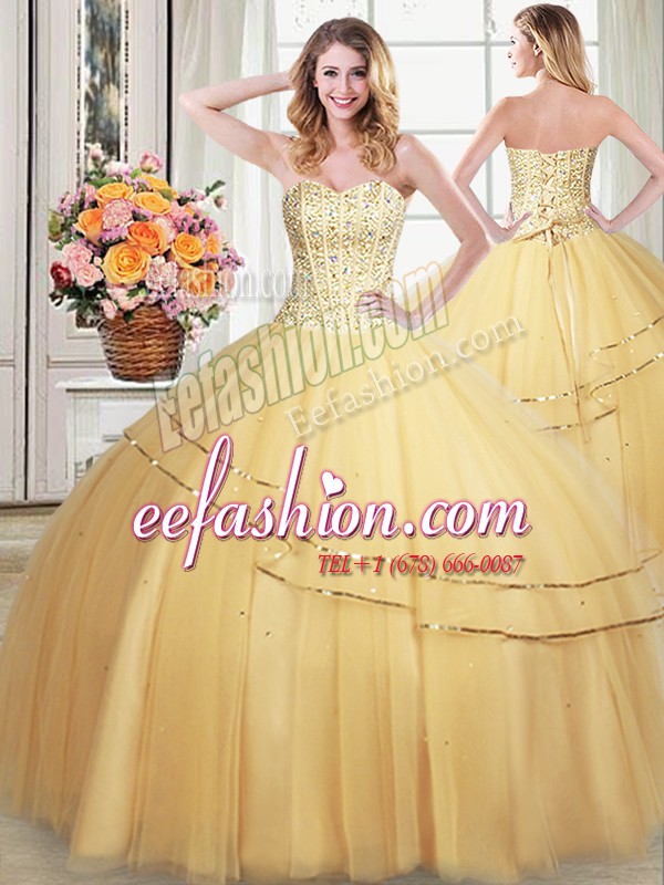 Cheap Gold Lace Up Quinceanera Dresses Beading and Sequins Sleeveless Floor Length