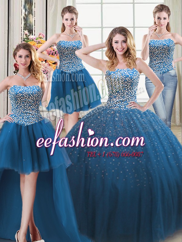 Latest Four Piece Floor Length Teal Quince Ball Gowns Sweetheart Sleeveless Lace Up