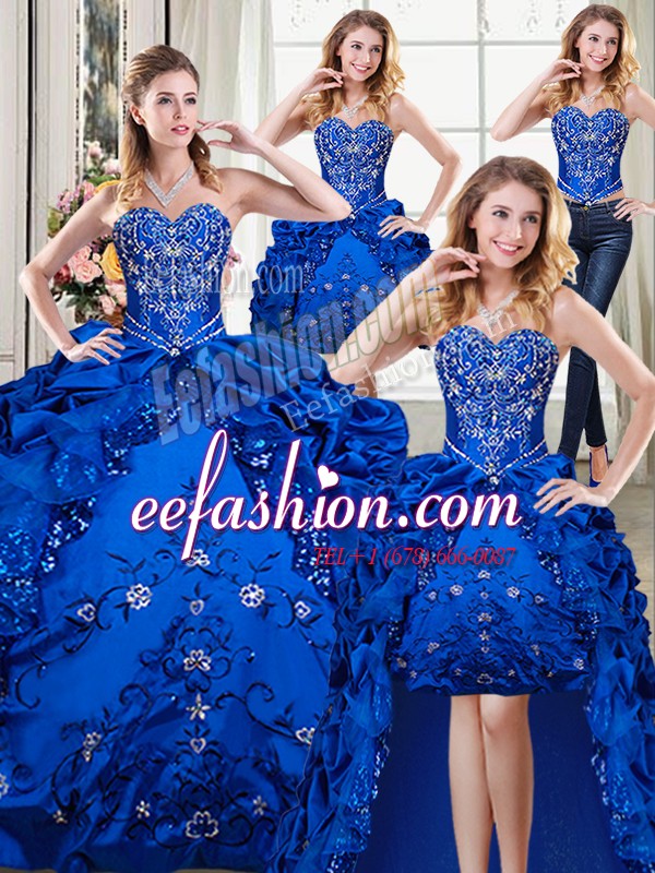  Four Piece Pick Ups Royal Blue Sleeveless Organza and Taffeta Lace Up Sweet 16 Dresses for Military Ball and Sweet 16 and Quinceanera
