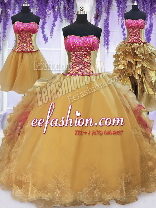 Dramatic Four Piece Hot Pink and Gold Organza and Taffeta Lace Up Sweet 16 Dress Sleeveless With Brush Train Beading and Lace and Ruffles