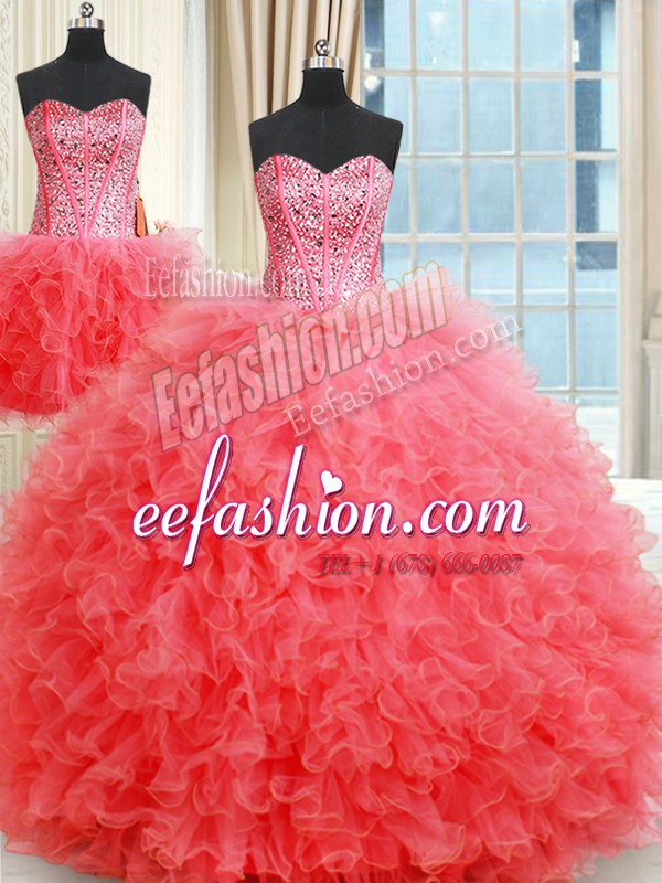 Gorgeous Three Piece Sweetheart Sleeveless Sweet 16 Dress Floor Length Beading and Ruffles Coral Red Organza