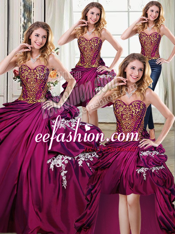  Four Piece Sweetheart Sleeveless Quinceanera Dress Floor Length Beading and Appliques and Pick Ups Burgundy Taffeta
