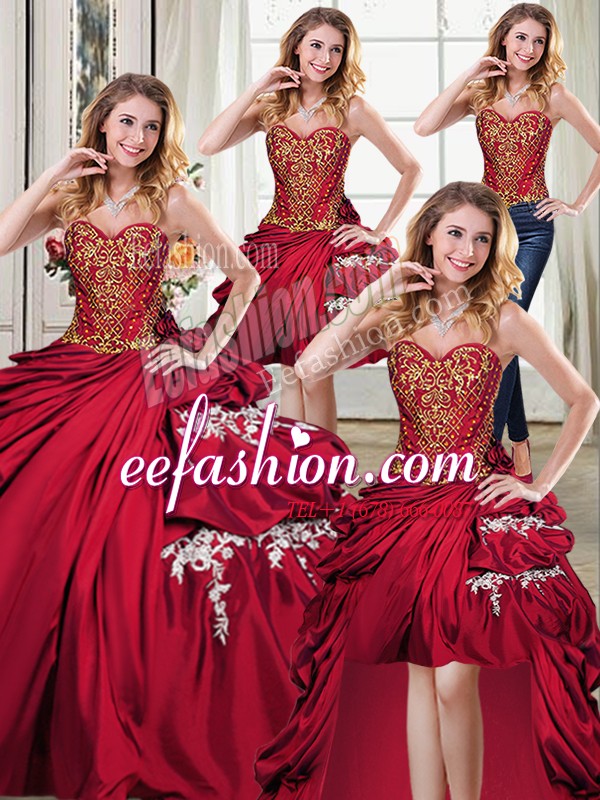 Elegant Four Piece Wine Red Sleeveless Floor Length Beading and Appliques and Pick Ups Lace Up Quinceanera Gowns