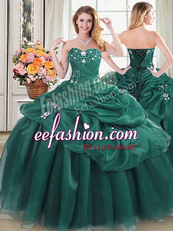 High Quality Organza Sweetheart Sleeveless Lace Up Beading and Appliques and Pick Ups Sweet 16 Quinceanera Dress in Dark Green