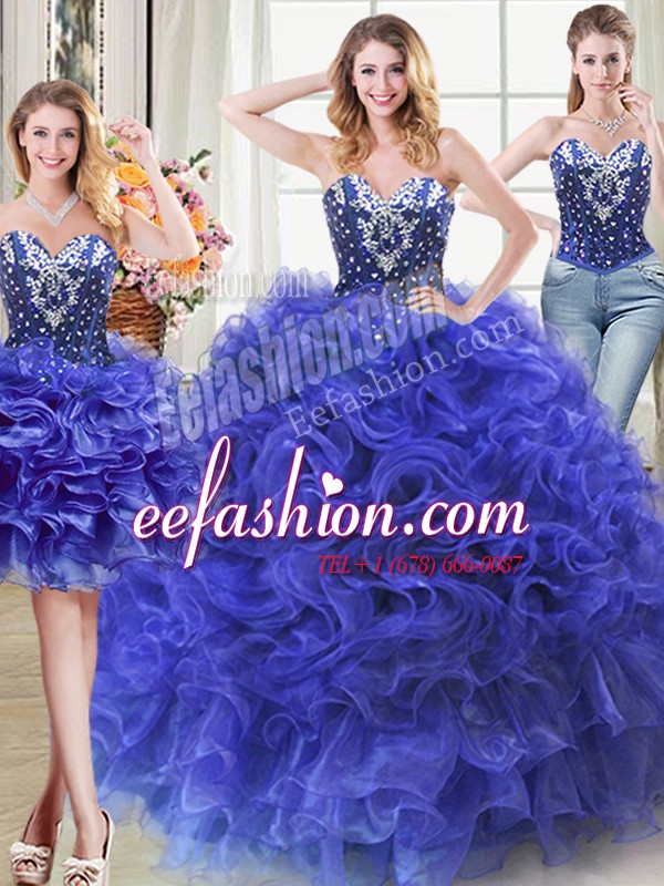 Great Three Piece Sweetheart Sleeveless Ball Gown Prom Dress Floor Length Beading and Ruffles Royal Blue Organza