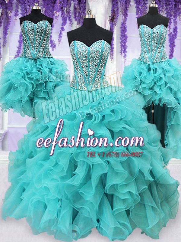  Four Piece Sleeveless Organza Floor Length Lace Up 15th Birthday Dress in Aqua Blue with Beading and Ruffles