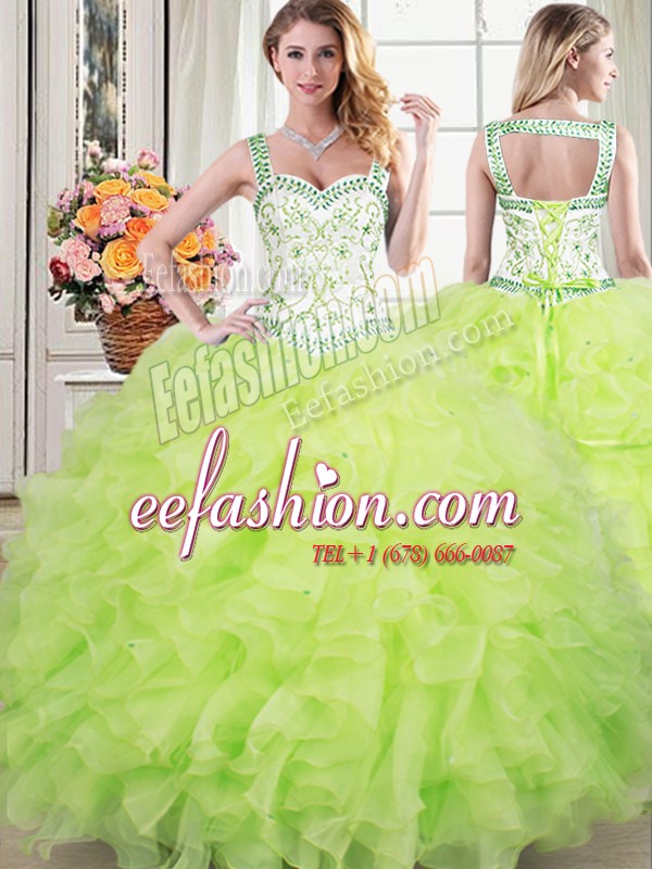  Straps Yellow Green Lace Up Quince Ball Gowns Beading and Lace and Ruffles Sleeveless Floor Length
