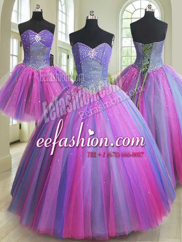 Free and Easy Three Piece Sleeveless Lace Up Floor Length Beading Quinceanera Gowns