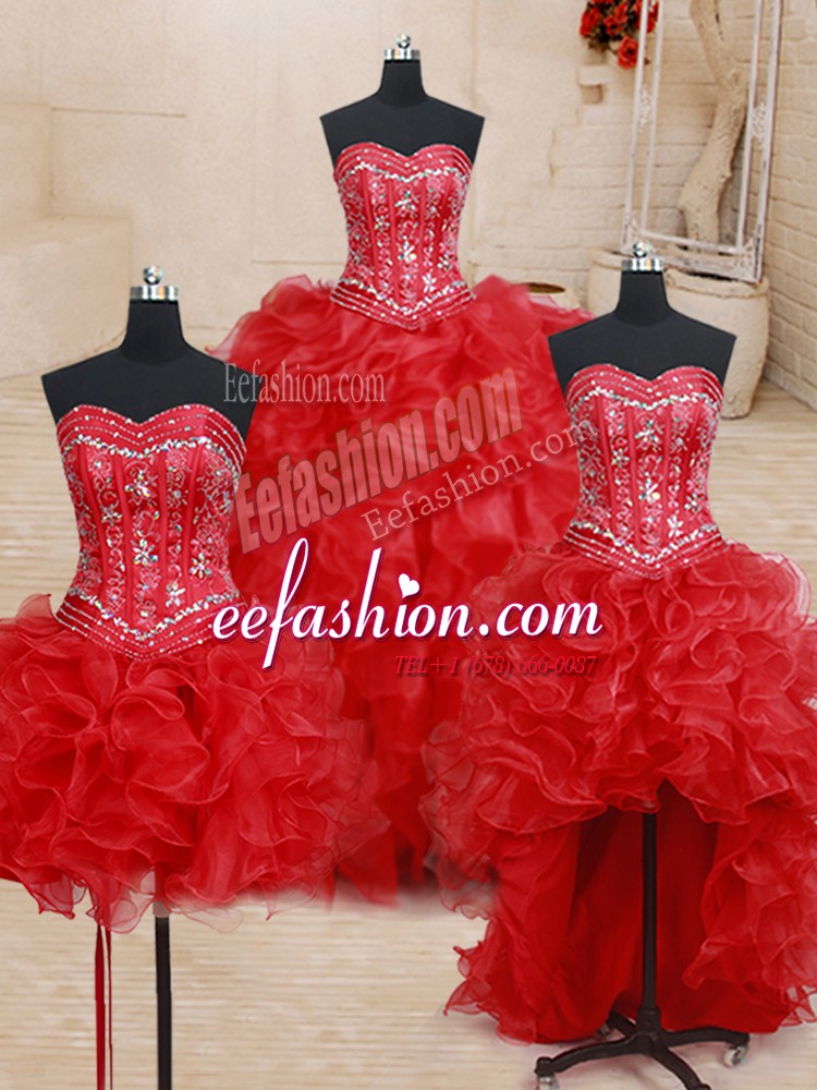 Noble Four Piece Sleeveless Organza Floor Length Lace Up Ball Gown Prom Dress in Red with Beading and Ruffles