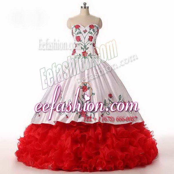 Glittering Ruffled Sweetheart Sleeveless Lace Up Sweet 16 Dresses White and Red Organza