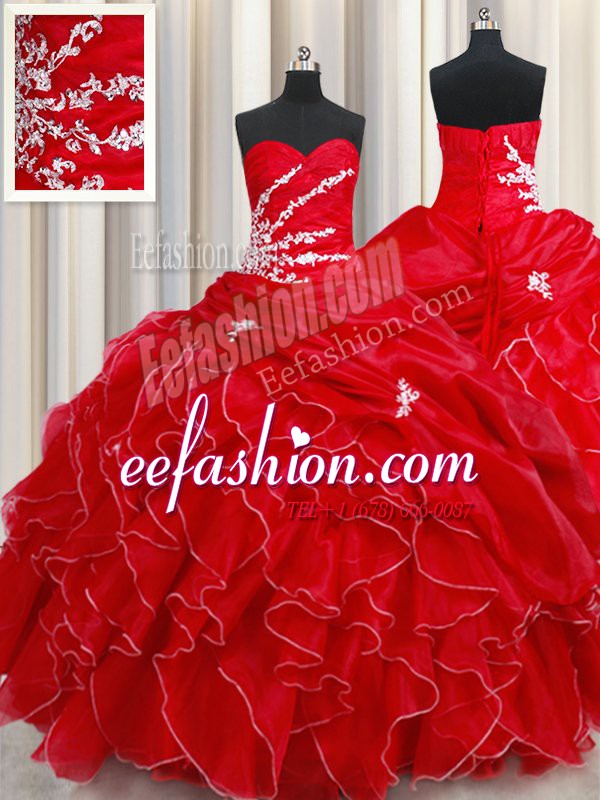  Beading and Ruffles and Pick Ups Quinceanera Dresses Red Lace Up Sleeveless Floor Length
