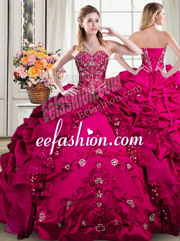  Sleeveless Organza and Taffeta Floor Length Lace Up Quinceanera Gowns in Fuchsia with Beading and Embroidery and Pick Ups