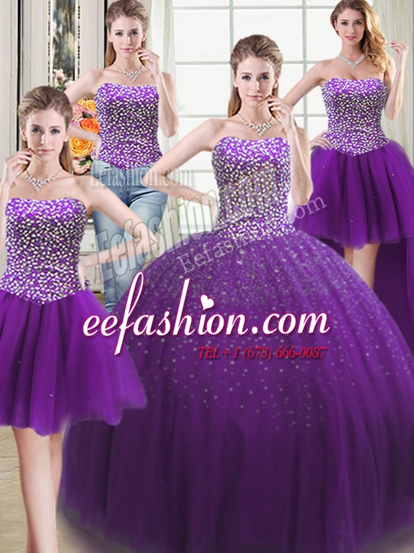 High Class Four Piece Tulle Sweetheart Sleeveless Lace Up Beading Quince Ball Gowns in Purple