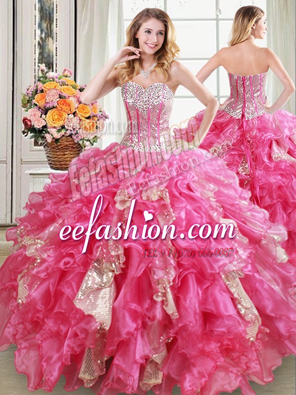  Sleeveless Lace Up Floor Length Beading and Ruffles and Sequins Sweet 16 Dresses