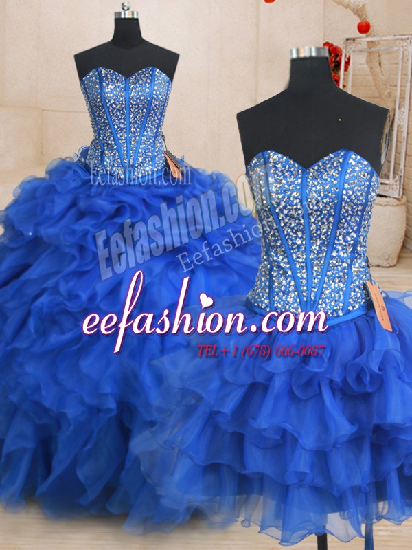  Three Piece Royal Blue Organza Lace Up Sweetheart Sleeveless Floor Length Quince Ball Gowns Beading and Ruffles