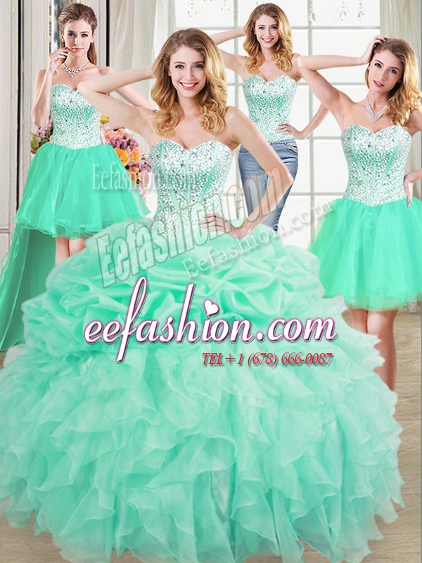 Elegant Four Piece Sleeveless Organza Floor Length Lace Up Sweet 16 Dress in Apple Green with Beading and Ruffles and Pick Ups