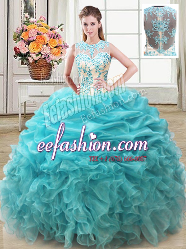 Traditional Scoop Aqua Blue Sleeveless Organza Lace Up Quinceanera Dresses for Military Ball and Sweet 16 and Quinceanera