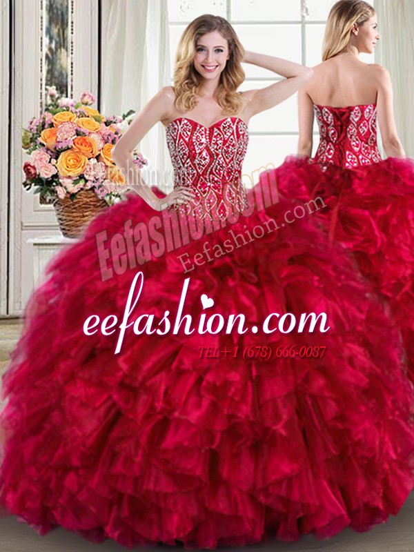 Adorable Red Sweetheart Lace Up Beading and Ruffles Quinceanera Dress Brush Train Sleeveless