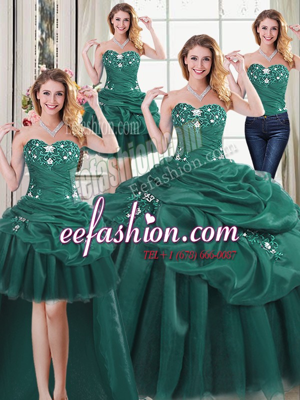  Four Piece Sleeveless Floor Length Beading and Ruffles and Pick Ups Lace Up Quinceanera Dresses with Dark Green