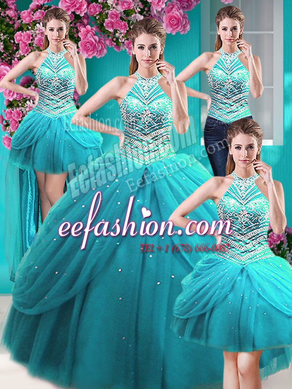  Four Piece Halter Top Sleeveless Tulle Floor Length Lace Up Sweet 16 Dress in Aqua Blue with Beading and Pick Ups